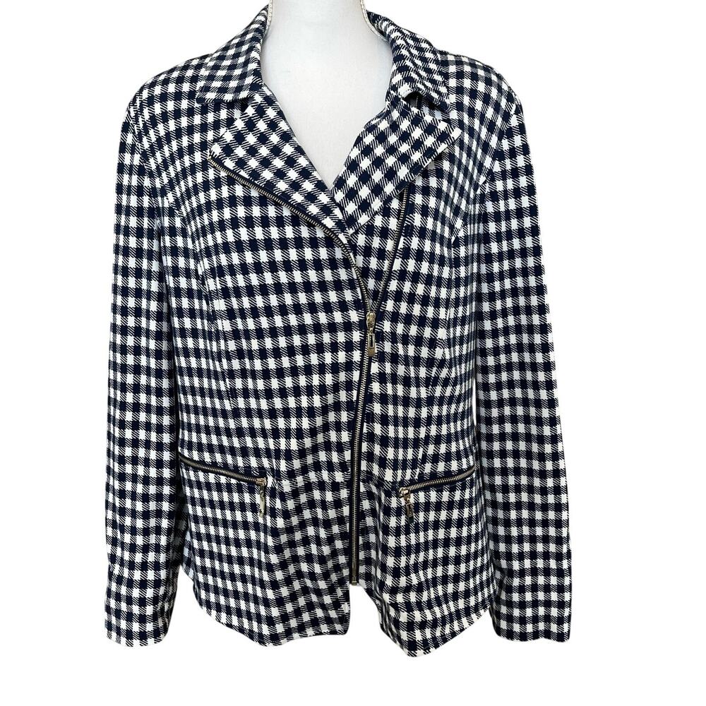 Chico's Jacket Women's Size 2 Large 12/14 Gingham Blue White Check Moto Zip